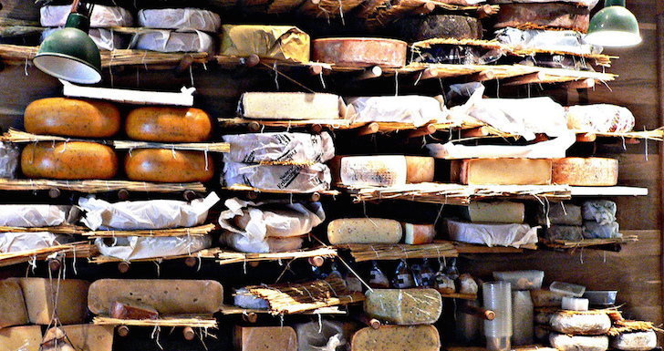 Artisan cheeses on display in a London cheese shop