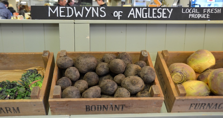 Boxes of vegetables on display at Bodnant Welsh Food Centre