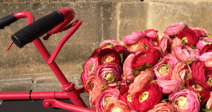 Strawberry Red bicycle with a basket full of red flowers