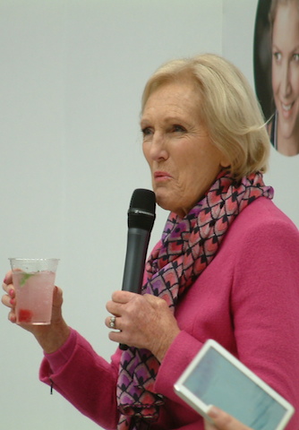 Mary Berry tasting pink gin at BBC Good Food Show Winter