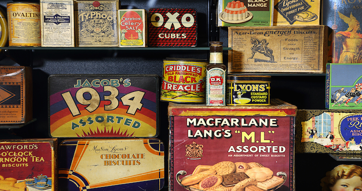 Museum display of retro food tins and boxes