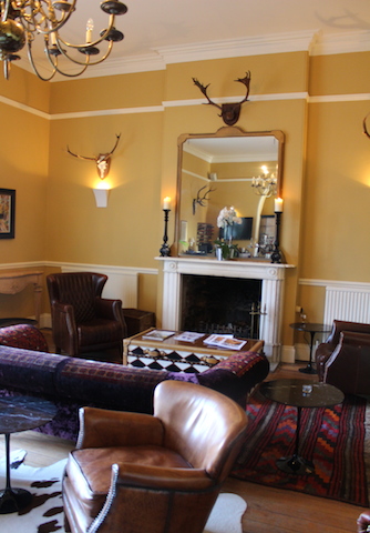 Bar Interior with fireplace and leather armchairs
