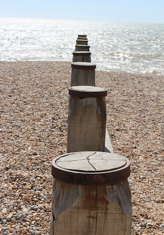 Wooden posts on Camber Sands Beach near Rye East Sussex