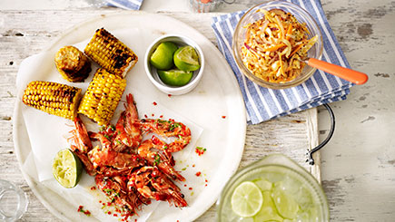 Plate of chargilled prawns and sweet corn prepared on Waitrose cookery course
