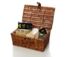 traditional wicker hamper filled with cheese gifts