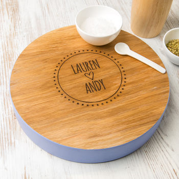 Personalised couples wooden cheese board with blue painted rim