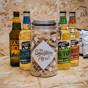pork scratchings and 4 bottles of cider