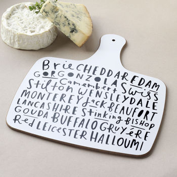 cheese board illustrated with the names of different cheeses